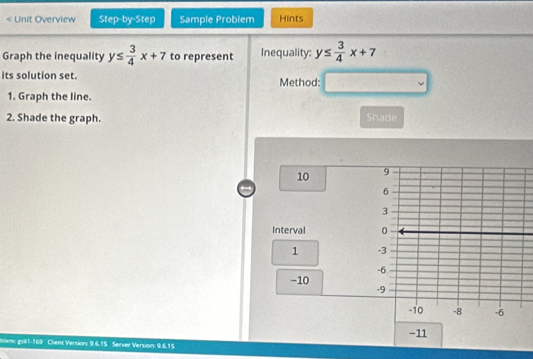 < Unit Overview Step-by-Step Sample Problem Hints
Graph the inequality  y≤  3/4 x+7 to represent Inequality: y≤  3/4 x+7
its solution set.
Method:
1. Graph the line.
2. Shade the graph. Shade
10
Interval
1
-10
-11
blem: gsli1-169 Client Version: 9.6.15 Server Version: 9,6.15