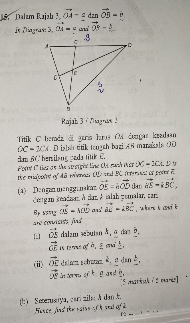 Dalam Rajah 3, vector OA=adan vector OB=b. 
In Diagram 3, vector OA=a and vector OB=_ b. 
Rajah 3 / Diagram 3 
Titik C berada di garis lurus OA dengan keadaan
OC=2CA. D ialah titik tengah bagi AB manakala OD
dan BC bersilang pada titik E. 
Point C lies on the straight line OA such that OC=2CA. D is 
the midpoint of AB whereas OD and BC intersect at point E. 
(a) Dengan menggunakan vector OE=hvector OD.dan vector BE=kvector BC, 
dengan keadaan ½ dan k ialah pemalar, cari 
By using vector OE=hvector OD and vector BE=kvector BC , where h and k
are constants, find 
(i) vector OE dalam sebutan h, a dan b,
vector OE in terms of h, a and b, 
(ii) vector OE dalam sebutan k, a dan b,
vector OE in terms ofk, g and b, 
[5 markah / 5 marks] 
(b) Seterusnya, cari nilai h dan k. 
Hence, find the value of h and of k. 
「2 ___.1