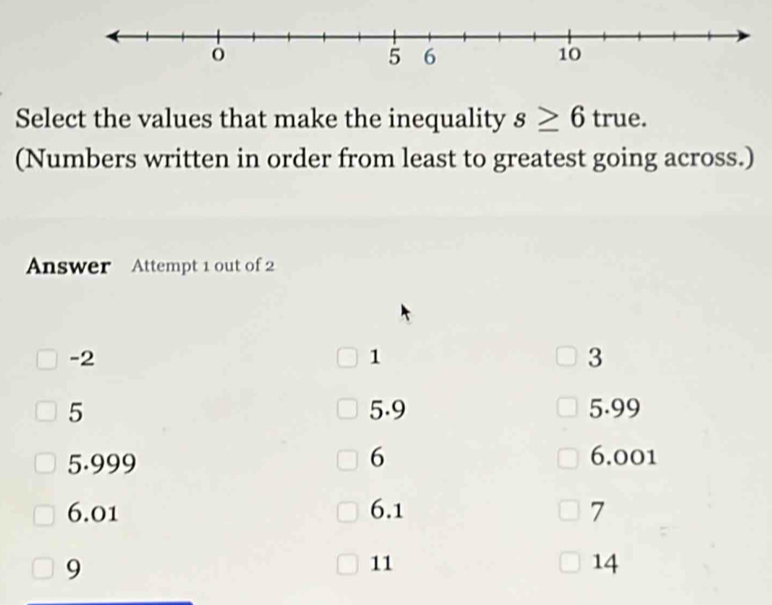 Select the values that make the inequality s≥ 6 true.
(Numbers written in order from least to greatest going across.)
Answer Attempt 1 out of 2
-2
1
3
5 5.9 5.99
6
5.999 6.001
6.01 6.1 7
9
11
14