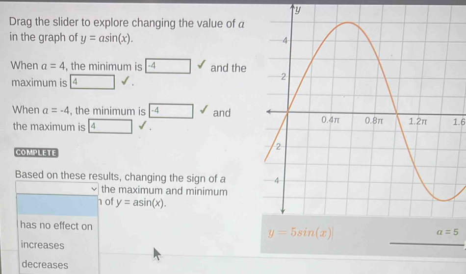 Drag the slider to explore changing the value of a
in the graph of y=asin (x).
When a=4 , the minimum is -4 and the
maximum is 4
When a=-4 , the minimum is -4 and
the maximum is 41.6
COMPLETE
Based on these results, changing the sign of a 
the maximum and minimum
h of y=asin (x).
_
has no effect on
increases
decreases