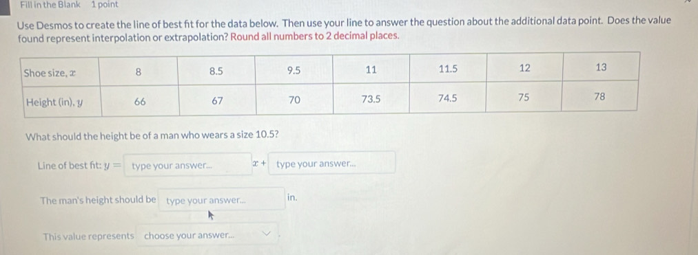 Fill in the Blank 1 point 
Use Desmos to create the line of best ft for the data below. Then use your line to answer the question about the additional data point. Does the value 
found represent interpolation or extrapolation? Round all numbers to 2 decimal places. 
What should the height be of a man who wears a size 10.5? 
Line of best fit: y= type your answer... x+ type your answer... 
The man's height should be type your answer... in. 
This value represents choose your answer...