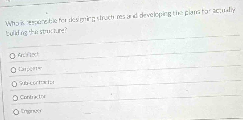 Who is responsible for designing structures and developing the plans for actually
building the structure?
Architect
Carpenter
Sub-contractor
Contractor
Engineer