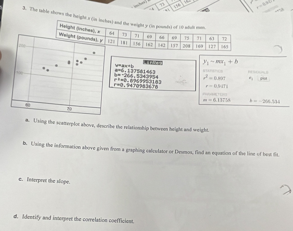inches)d 
73 156
62 
/ A al
r=0.917
3. The table shows the height x (in in
200
Linkeg
y=ax+b
y_1sim mx_1+b
100
a=6.137581463
STATISTICS RESIGUALS
b=-266.5343954
r^2=0.8969953183
r^2=0.897 e_1 plot
r=0.9470983678
r=0.9471
PARAI ETERS
m=6.13758 b=-266.534
60
70
a. Using the scatterplot above, describe the relationship between height and weight. 
b. Using the information above given from a graphing calculator or Desmos, find an equation of the line of best fit. 
c. Interpret the slope. 
d. Identify and interpret the correlation coefficient.