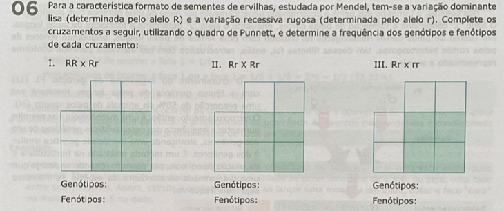 Para a característica formato de sementes de ervilhas, estudada por Mendel, tem-se a variação dominante 
lisa (determinada pelo alelo R) e a variação recessiva rugosa (determinada pelo alelo r). Complete os 
cruzamentos a seguir, utilizando o quadro de Punnett, e determine a frequência dos genótipos e fenótipos 
de cada cruzamento: 
I. RR* Rr II. Rr* Rr III. Rr* rr
Genótipos: Genótipos: Genótipos: 
Fenótipos: Fenótipos: Fenótipos: