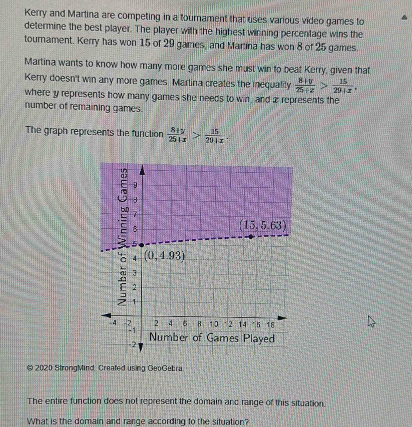 Kerry and Martina are competing in a tournament that uses various video games to
determine the best player. The player with the highest winning percentage wins the
tournament. Kerry has won 15 of 29 games, and Martina has won 8 of 25 games.
Martina wants to know how many more games she must win to beat Kerry, given that
Kerry doesn't win any more games. Martina creates the inequality  (8+y)/25+x > 15/29+x ,
where y represents how many games she needs to win, and x represents the
number of remaining games.
The graph represents the function  (8+y)/25+x > 15/29+x .
© 2020 StrongMind. Created using GeoGebra.
The entire function does not represent the domain and range of this situation.
What is the domain and range according to the situation?