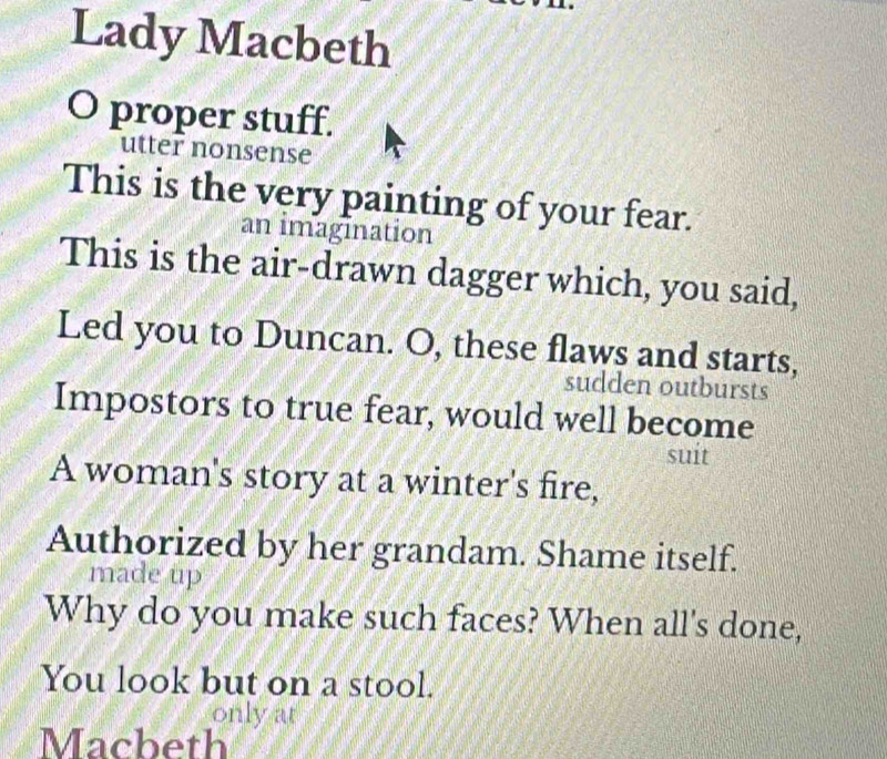 Lady Macbeth 
O proper stuff. 
utter nonsense 
This is the very painting of your fear. 
an imagination 
This is the air-drawn dagger which, you said, 
Led you to Duncan. O, these flaws and starts, 
sudden outbursts 
Impostors to true fear, would well become 
suit 
A woman's story at a winter's fire, 
Authorized by her grandam. Shame itself. 
made up 
Why do you make such faces? When all's done, 
You look but on a stool. 
only at 
Macbeth