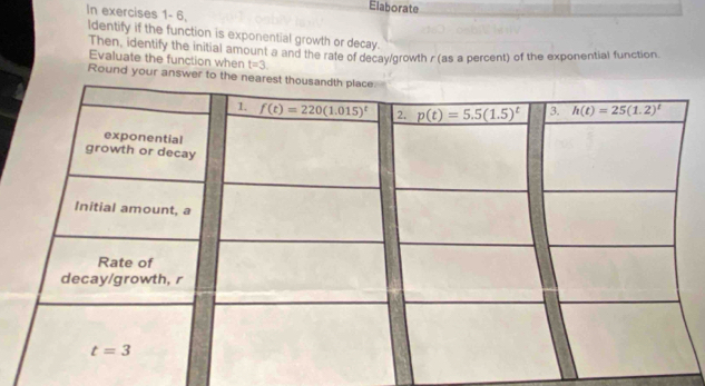 Elaborate
In exercises 1- 6.
Identify if the function is exponential growth or decay.
Then, identify the initial amount a and the rate of decay/growth r (as a percent) of the exponential function.
Evaluate the function when t=3.
Round your answer to the