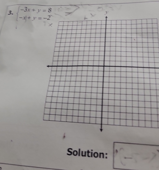 beginarrayl -3x+y=8 -x+y=-2endarray.
Solution: