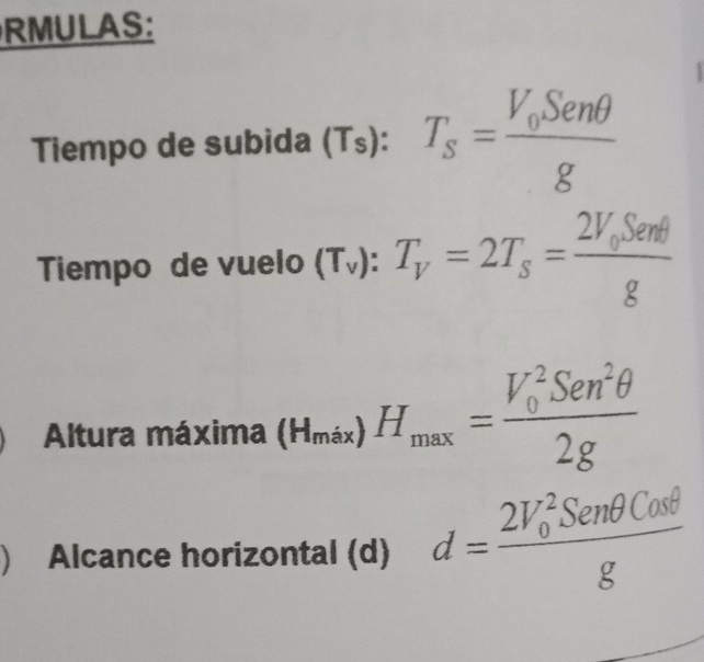 RMULAS: 
Tiempo de subida (Ts): T_s=frac V_0Senθ g
Tiempo de vuelo (T_v):T_v=2T_s=frac 2V_0Senθ g
Altura máxima (H_max)H_max=frac (V_0)^2Sen^2θ 2g
) Alcance horizontal (d) d=frac (2V_0)^2Senθ Cosθ g