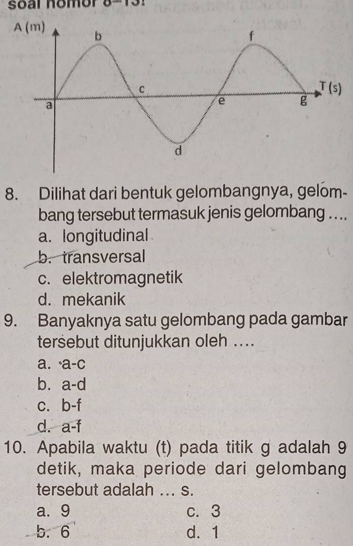 soal nomor 0-13!
8. Dilihat dari bentuk gelombangnya, gelom-
bang tersebut termasuk jenis gelombang ....
a. longitudinal
b. transversal
c. elektromagnetik
d. mekanik
9. Banyaknya satu gelombang pada gambar
tersebut ditunjukkan oleh ....
a. ^circ a-C
b. a-d
C. b-f
d. a-f
10. Apabila waktu (t) pada titik g adalah 9
detik, maka periode dari gelombang
tersebut adalah ... s.
a. 9 c. 3
b.6 d.  1