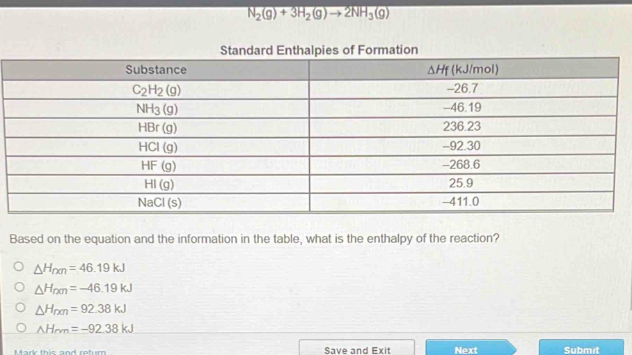 N_2(g)+3H_2(g)to 2NH_3(g)
Standard Enthalpies of Formation
Based on the equation and the information in the table, what is the enthalpy of the reaction?
△ H_rxn=46.19kJ
△ H_rxn=-46.19kJ
△ H_rxn=92.38kJ
wedge H_rm=-92.38kJ
Mark this and retum Save and Exit Next Submit