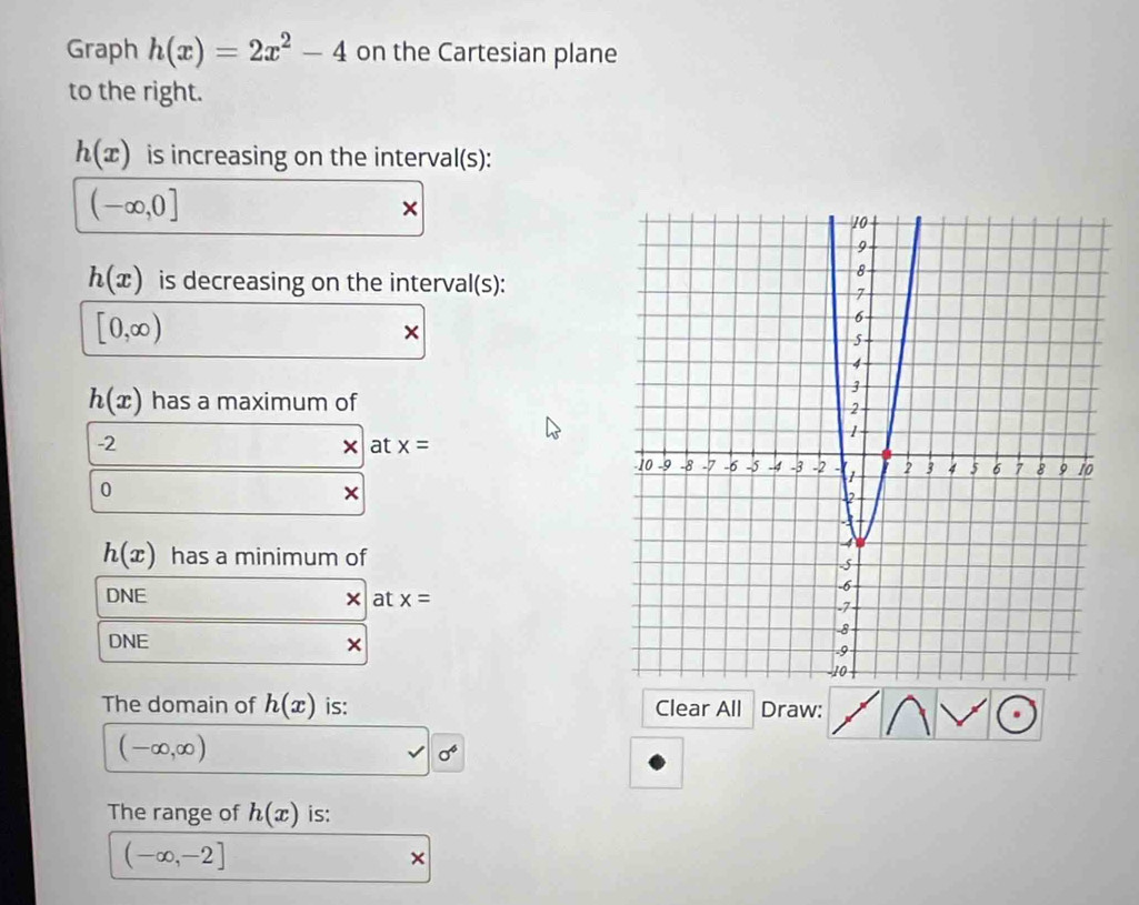 Graph h(x)=2x^2-4 on the Cartesian plane 
to the right.
h(x) is increasing on the interval(s):
(-∈fty ,0]
×
h(x) is decreasing on the interval(s):
[0,∈fty )
×
h(x) has a maximum of
-2
x at x=
0
×
h(x) has a minimum of 
DNE at x=
DNE × 
The domain of h(x) is: Clear All Draw:
(-∈fty ,∈fty )
P sigma^6
The range of h(x) is:
(-∈fty ,-2]