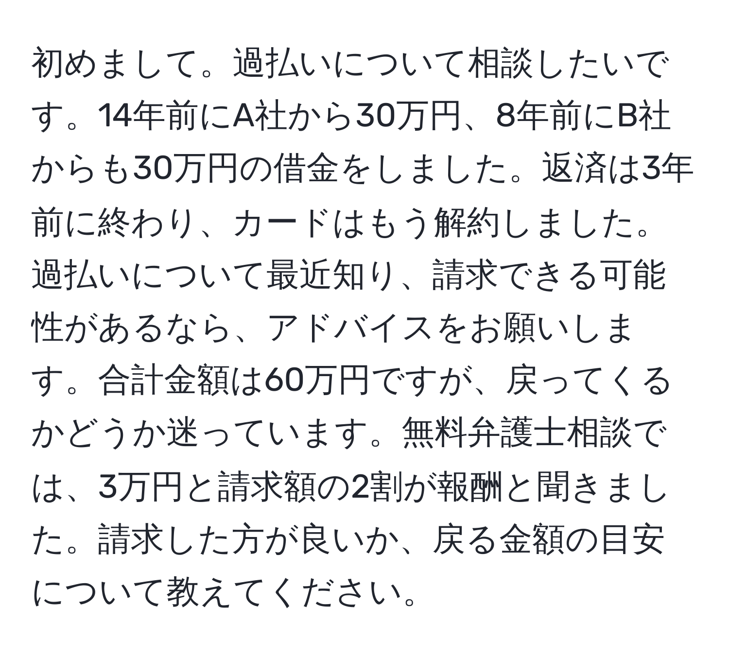 初めまして。過払いについて相談したいです。14年前にA社から30万円、8年前にB社からも30万円の借金をしました。返済は3年前に終わり、カードはもう解約しました。過払いについて最近知り、請求できる可能性があるなら、アドバイスをお願いします。合計金額は60万円ですが、戻ってくるかどうか迷っています。無料弁護士相談では、3万円と請求額の2割が報酬と聞きました。請求した方が良いか、戻る金額の目安について教えてください。