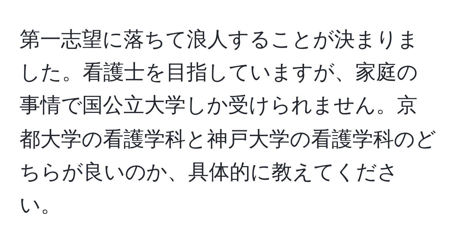 第一志望に落ちて浪人することが決まりました。看護士を目指していますが、家庭の事情で国公立大学しか受けられません。京都大学の看護学科と神戸大学の看護学科のどちらが良いのか、具体的に教えてください。