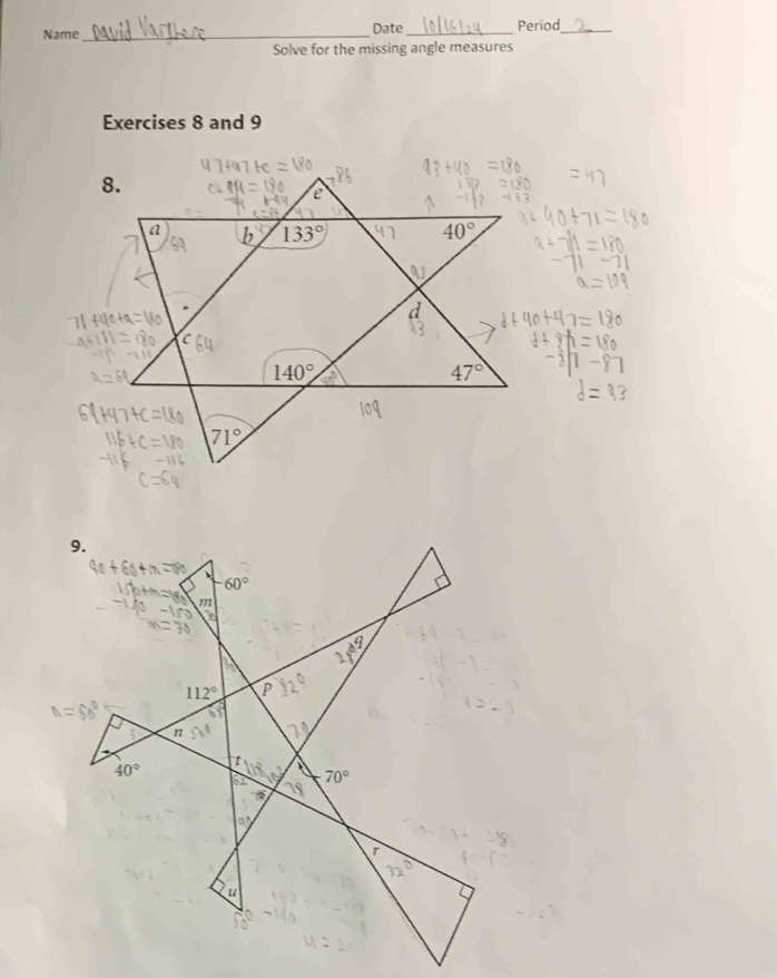 Name_ Date_ Period_
Solve for the missing angle measures
Exercises 8 and 9