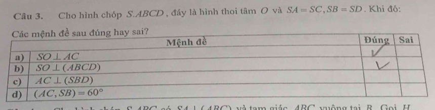 Cho hình chóp S.ABCD , đáy là hình thoi tâm O và SA=SC,SB=SD. Khi đó:
v à  tam giác 4BC vuộng tại B   G  o i  H