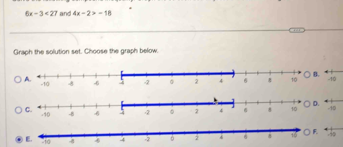 6x-3<27</tex> and 4x-2>-18
Graph the solution set. Choose the graph below.