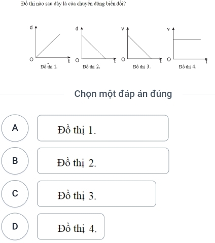 Đồ thị nào sau đây là của chuyển động biển đổi?
Đô thị 1 Đô thị 2. Đô thị 3. Đồ thị 4.
Chọn một đáp án đúng
A Đồ thị 1.
B Đồ thị 2.
C Đồ thị 3.
D Đồ thị 4.