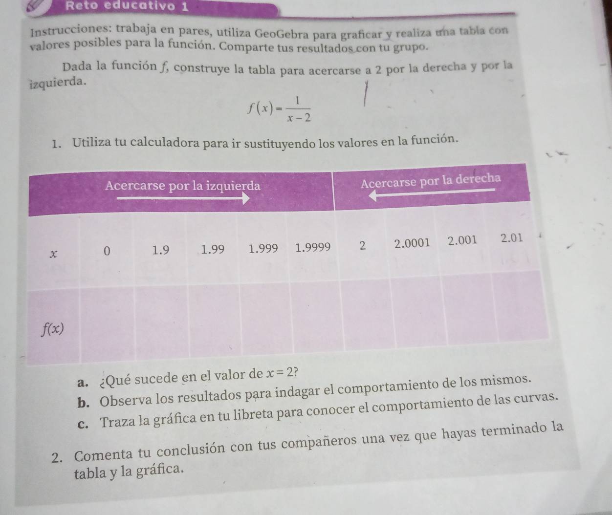 Reto educativo 1
Instrucciones: trabaja en pares, utiliza GeoGebra para graficar y realiza una tabla con
valores posibles para la función. Comparte tus resultados con tu grupo.
Dada la función f, construye la tabla para acercarse a 2 por la derecha y por la
izquierda.
f(x)= 1/x-2 
1. Utiliza tu calculadora para ir sustituyendo los valores en la función.
a. ¿Qué sucede en el valor de x=2 ?
b. Observa los resultados para indagar el comportamiento de los mismos.
c. Traza la gráfica en tu libreta para conocer el comportamiento de las curvas.
2. Comenta tu conclusión con tus compañeros una vez que hayas terminado la
tabla y la gráfica.