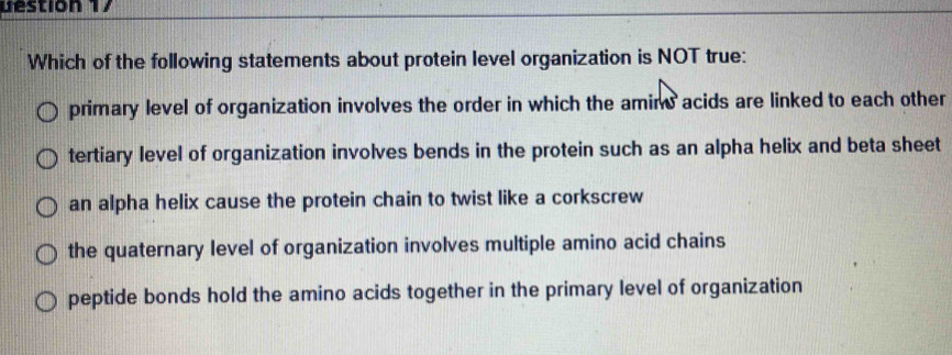 uestion 17
Which of the following statements about protein level organization is NOT true:
primary level of organization involves the order in which the amine acids are linked to each other
tertiary level of organization involves bends in the protein such as an alpha helix and beta sheet
an alpha helix cause the protein chain to twist like a corkscrew
the quaternary level of organization involves multiple amino acid chains
peptide bonds hold the amino acids together in the primary level of organization