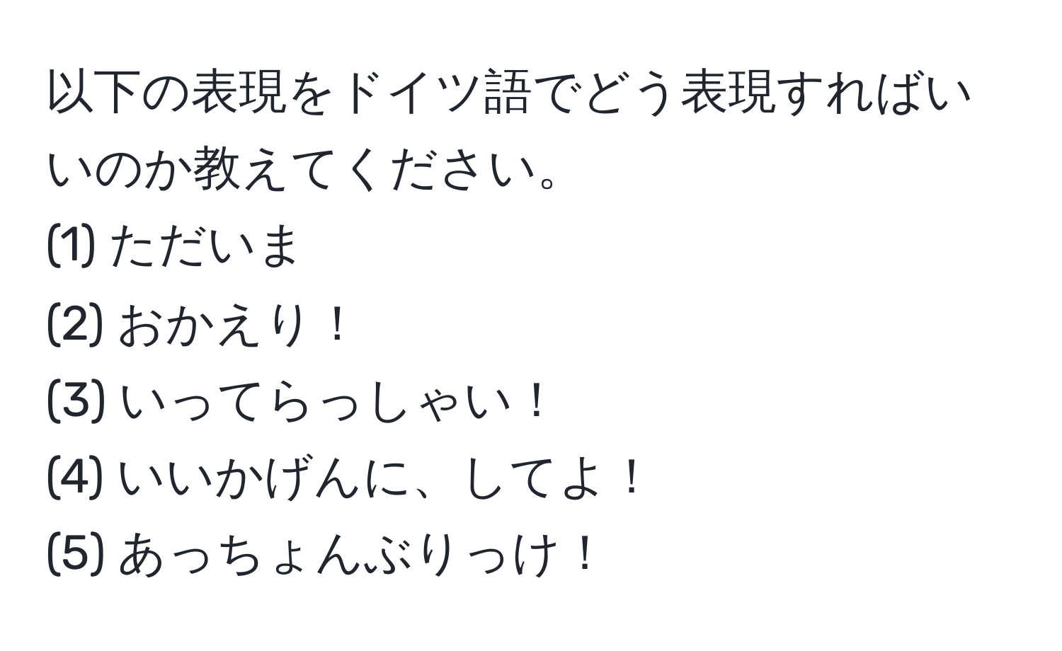 以下の表現をドイツ語でどう表現すればいいのか教えてください。  
(1) ただいま  
(2) おかえり！  
(3) いってらっしゃい！  
(4) いいかげんに、してよ！  
(5) あっちょんぶりっけ！