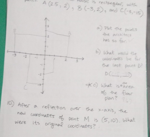 A(2.5,2), B(-3,2) mae is rectangdas, with 
, and C(-3,-15)
a) pot the ponts 
the architect 
has so far. 
() What wald the 
coordinates be for 
the last point D? 
DC_ 
_ 
thhe 
C) What is carea 
dt the floor 
plan? 939 
(0. ) After a reflection over the x-axis, the 
new coordinates of point M is (5,10). What 
were its original coocdinates?