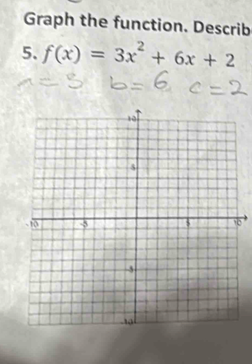 Graph the function. Describ 
5. f(x)=3x^2+6x+2
0