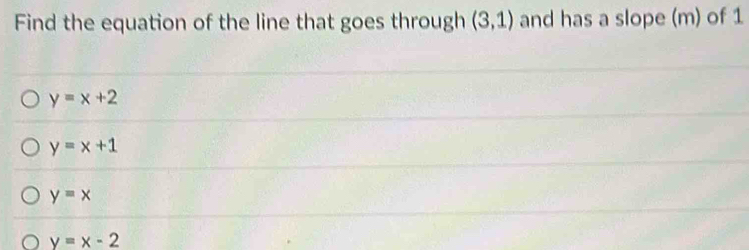 Find the equation of the line that goes through (3,1) and has a slope (m) of 1
y=x+2
y=x+1
y=x
o y=x-2