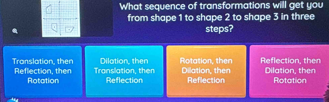 What sequence of transformations will get you
from shape 1 to shape 2 to shape 3 in three
steps?
Translation, then Dilation, then Rotation, then Reflection, then
Reflection, then Translation, then Dilation, then Dilation, then
Rotation Reflection Reflection Rotation