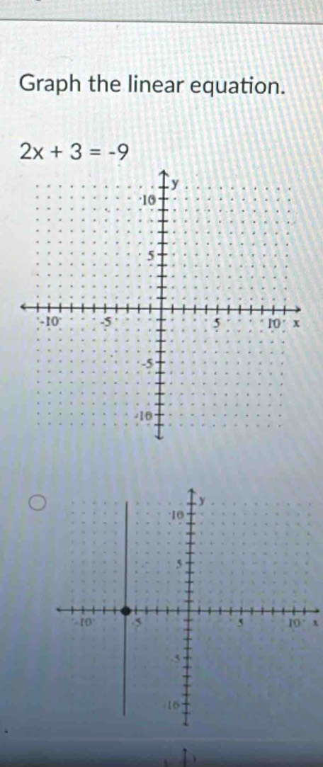 Graph the linear equation.
2x+3=-9
`