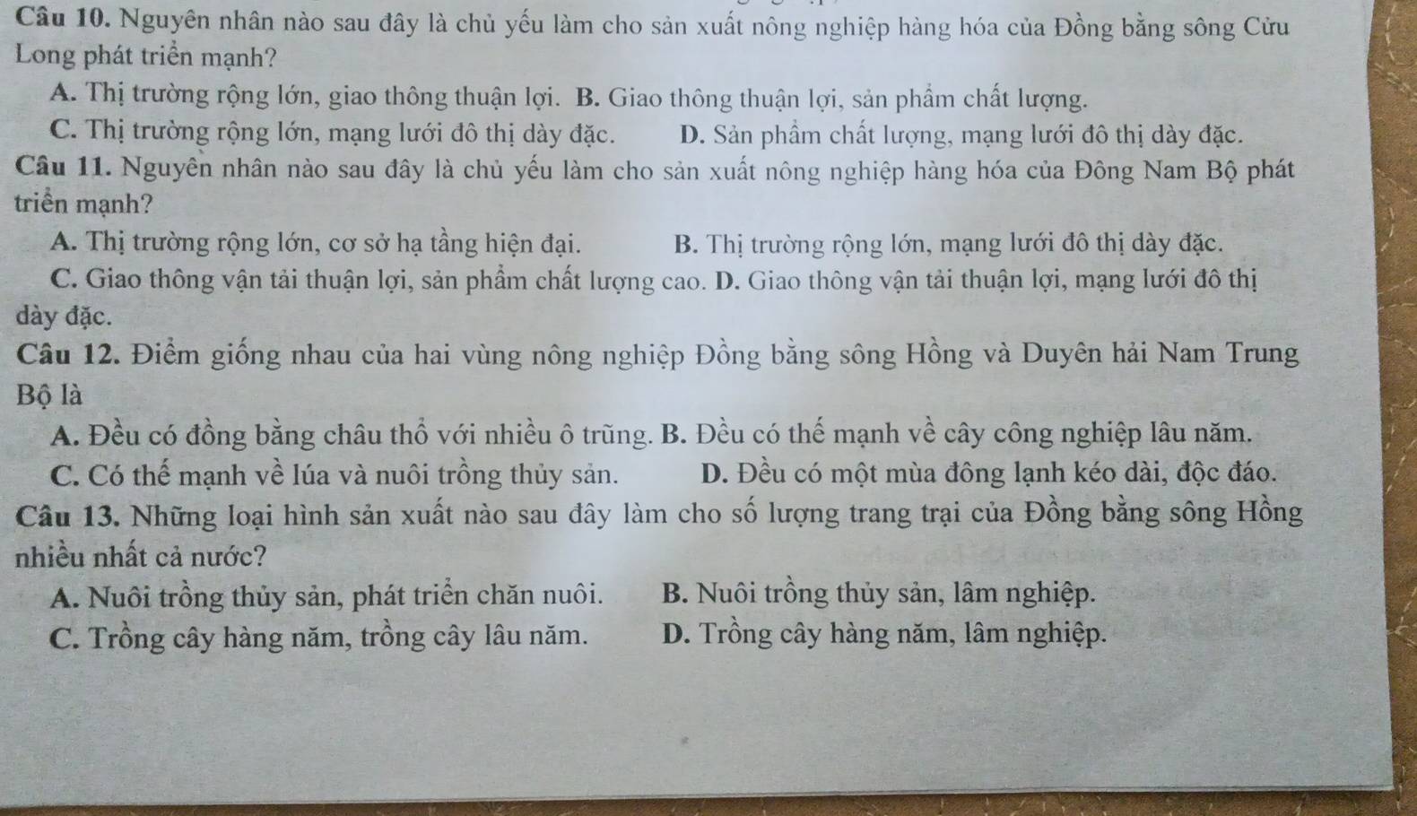 Nguyên nhân nào sau đây là chủ yếu làm cho sản xuất nông nghiệp hàng hóa của Đồng bằng sông Cửu
Long phát triển mạnh?
A. Thị trường rộng lớn, giao thông thuận lợi. B. Giao thông thuận lợi, sản phẩm chất lượng.
C. Thị trường rộng lớn, mạng lưới đô thị dày đặc. D. Sản phầm chất lượng, mạng lưới đô thị dày đặc.
Câu 11. Nguyên nhân nào sau đây là chủ yếu làm cho sản xuất nông nghiệp hàng hóa của Đông Nam Bộ phát
triển mạnh?
A. Thị trường rộng lớn, cơ sở hạ tầng hiện đại. B. Thị trường rộng lớn, mạng lưới đô thị dày đặc.
C. Giao thông vận tải thuận lợi, sản phẩm chất lượng cao. D. Giao thông vận tải thuận lợi, mạng lưới đô thị
dày đặc.
Câu 12. Điểm giống nhau của hai vùng nông nghiệp Đồng bằng sông Hồng và Duyên hải Nam Trung
Bộ là
A. Đều có đồng bằng châu thổ với nhiều ô trũng. B. Đều có thế mạnh về cây công nghiệp lâu năm.
C. Có thế mạnh về lúa và nuôi trồng thủy sản. D. Đều có một mùa đông lạnh kéo dài, độc đáo.
Câu 13. Những loại hình sản xuất nào sau đây làm cho số lượng trang trại của Đồng bằng sông Hồng
nhiều nhất cả nước?
A. Nuôi trồng thủy sản, phát triển chăn nuôi. B. Nuôi trồng thủy sản, lâm nghiệp.
C. Trồng cây hàng năm, trồng cây lâu năm. D. Trồng cây hàng năm, lâm nghiệp.