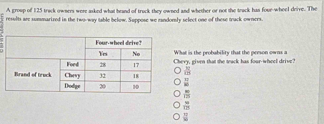 A group of 125 truck owners were asked what brand of truck they owned and whether or not the truck has four-wheel drive. The
results are summarized in the two-way table below. Suppose we randomly select one of these truck owners.
What is the probability that the person owns a
Chevy, given that the truck has four-wheel drive?
 32/125 
 32/80 
 80/125 
 50/125 
 32/50 