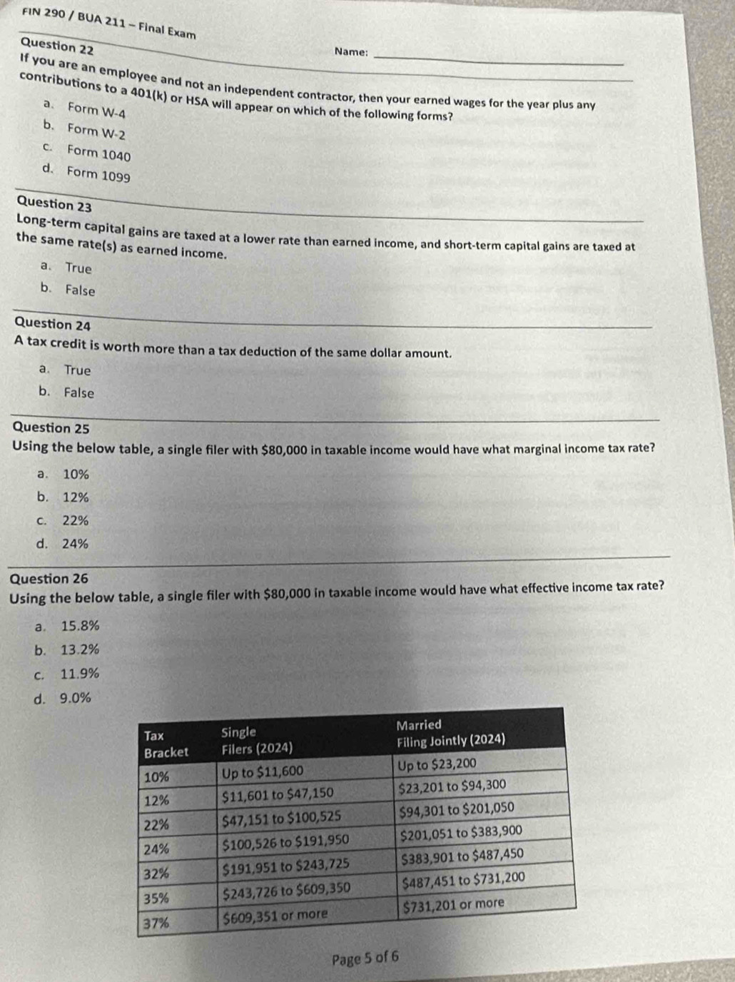 FIN 290 / BUA 211 - Final Exam
Question 22
Name:_
If you are an employee and not an independent contractor, then your earned wages for the year plus any
contributions to a 401 (k) or HSA will appear on which of the following forms?
a. Form W-4
b. Form W-2
c. Form 1040
d. Form 1099
Question 23
Long-term capital gains are taxed at a lower rate than earned income, and short-term capital gains are taxed at
the same rate(s) as earned income.
a、True
b. False
Question 24
A tax credit is worth more than a tax deduction of the same dollar amount.
a True
b. False
Question 25
Using the below table, a single filer with $80,000 in taxable income would have what marginal income tax rate?
a. 10%
b. 12%
c. 22%
d. 24%
Question 26
Using the below table, a single filer with $80,000 in taxable income would have what effective income tax rate?
a. 15.8%
b. 13.2%
c. 11.9%
d. 9.0%
Page 5 of 6