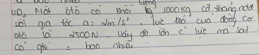 luing 
v0. Not oto co mói looong cò thangnda 
voi gia tóc a=2m/s^2 , luc ked cua dong co 
oó 1a 500N vay do ion c`luc ma sa? 
co ghi bao nhièu