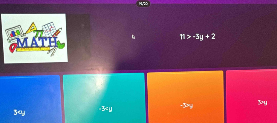 19/20
11>-3y+2
3>y
3
-3
-3>y