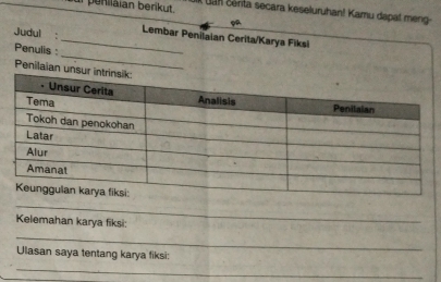 penilaian berikut. I an centa secara keseluruhan! Kamu dapat meng- 
Judul: _Lembar Penilaian Cerita/Karya Fiksi 
_ 
Penulis : 
Penilaian un 
_ 
Kelemahan karya fiksi: 
_ 
Ulasan saya tentang karya fiksi: 
_