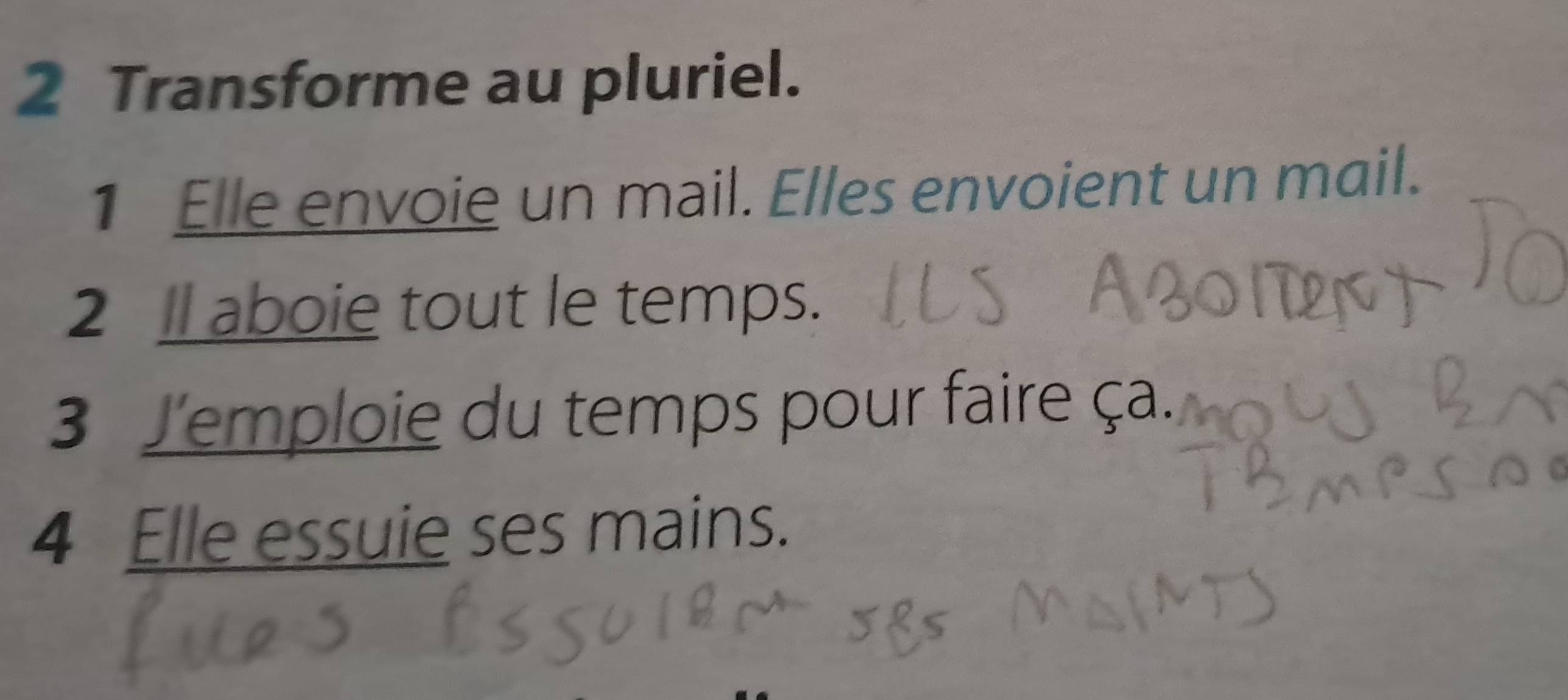 Transforme au pluriel. 
1 Elle envoie un mail. Elles envoient un mail. 
2 ll aboie tout le temps. 
3 J'emploie du temps pour faire ça. 
4 Elle essuie ses mains.