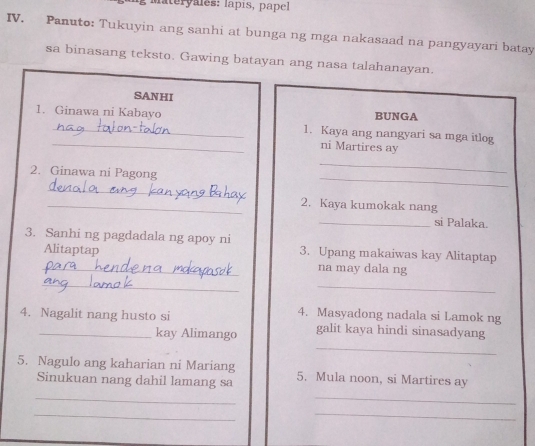 ateryales: lapis, papel 
IV. Panuto: Tukuyin ang sanhi at bunga ng mga nakasaad na pangyayari batay 
sa binasang teksto. Gawing batayan ang nasa talahanayan. 
SANHI BUNGA 
_ 
1. Ginawa ni Kabayo 1. Kaya ang nangyari sa mga itlog 
ni Martires ay 
_ 
_ 
2. Ginawa ni Pagong 
_ 
_2. Kaya kumokak nang 
_si Palaka. 
_ 
3. Sanhi ng pagdadala ng apoy ni 3. Upang makaiwas kay Alitaptap 
Alitaptap 
na may dala ng 
_ 
_ 
4. Masyadong nadala si Lamok ng 
4. Nagalit nang husto si galit kaya hindi sinasadyang 
_ 
kay Alimango 
5. Nagulo ang kaharian ni Mariang 5. Mula noon, si Martires ay 
Sinukuan nang dahil lamang sa 
_ 
_ 
_ 
_