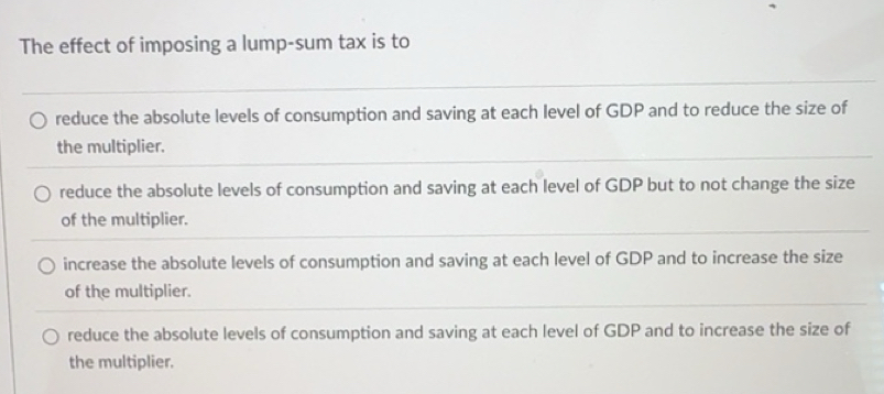 Solved: The effect of imposing a lump-sum tax is to reduce the absolute ...
