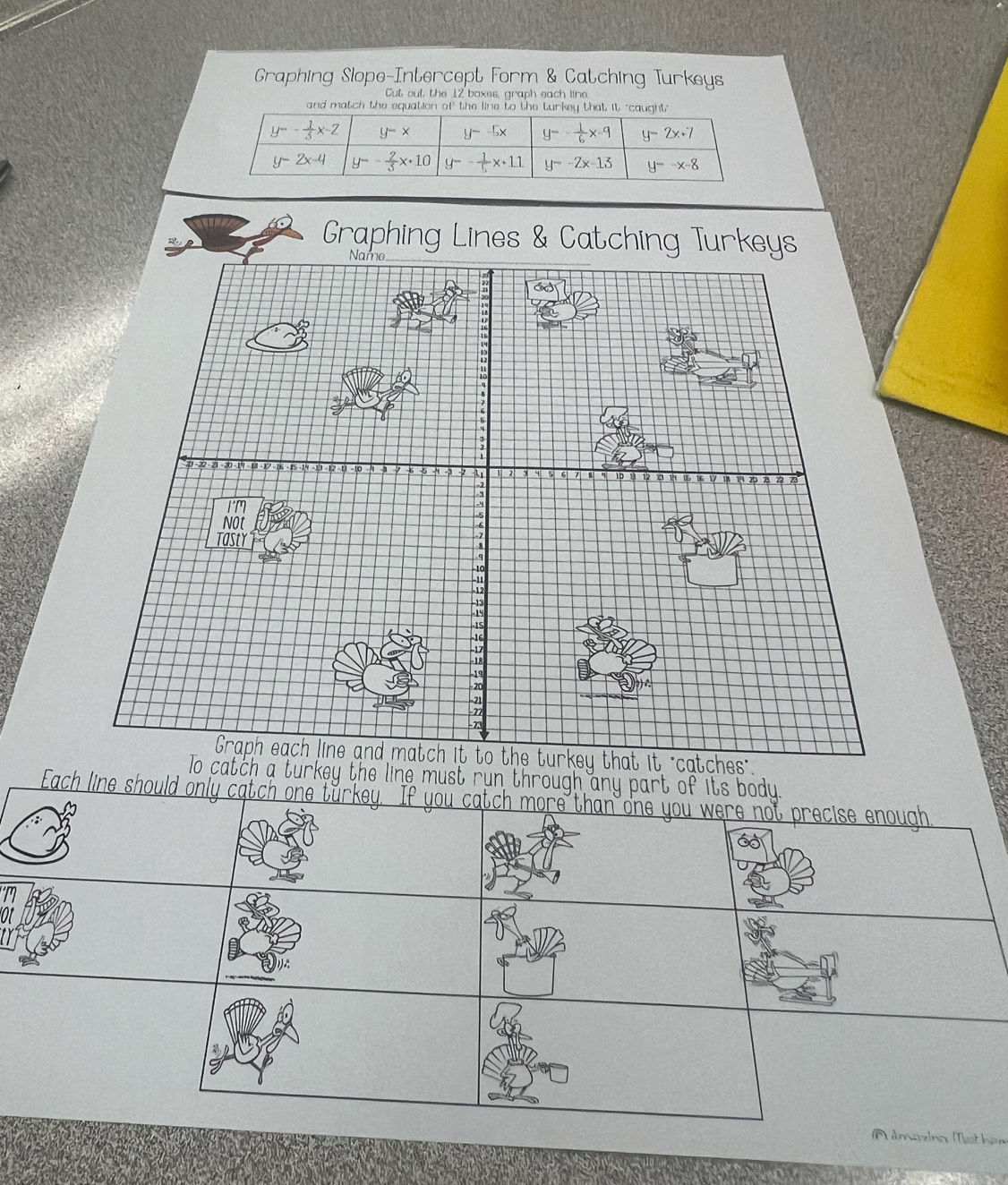 Graphing Slope-Intercept Form & Catching Turkeys
Cut out the 12 boxes, graph each line.
and match the equation
Graphing Lines & Catching Turkeys
To catch a turkey the line must run through any part of its body .
Each line should only catch one 1
o ne  you were not precise enough 
M Amazina (Tethen