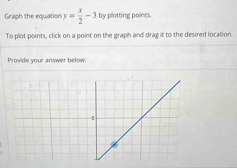 Graph the equation y= x/2 -3 by plotting points. 
To plot points, click on a point on the graph and drag it to the desired location. 
Provide your answer below:
p