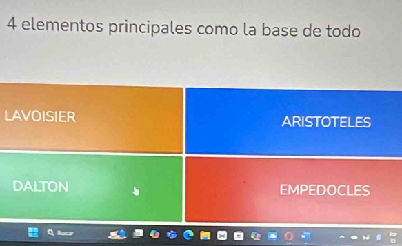 elementos principales como la base de todo
LAVOISIER ARISTOTELES
DALTON EMPEDOCLES