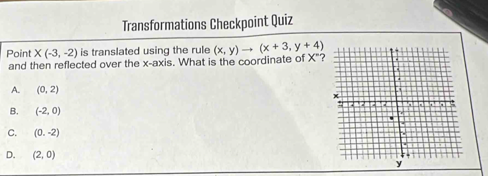 Transformations Checkpoint Quiz
Point X(-3,-2) is translated using the rule (x,y)to (x+3,y+4)
and then reflected over the x-axis. What is the coordinate of X"?
A. (0,2)
B. (-2,0)
C. (0.-2)
D. (2,0)