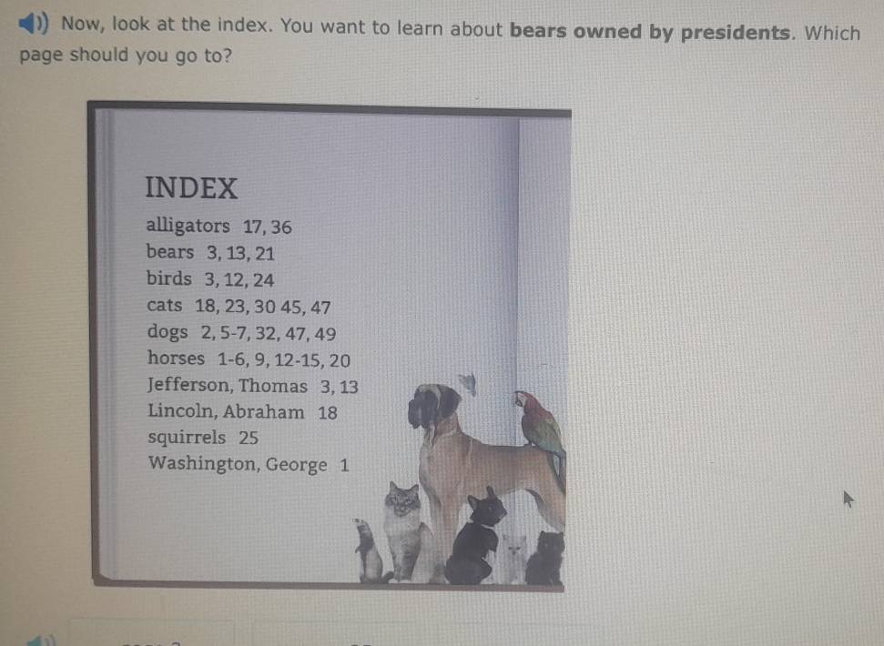 Now, look at the index. You want to learn about bears owned by presidents. Which 
page should you go to?