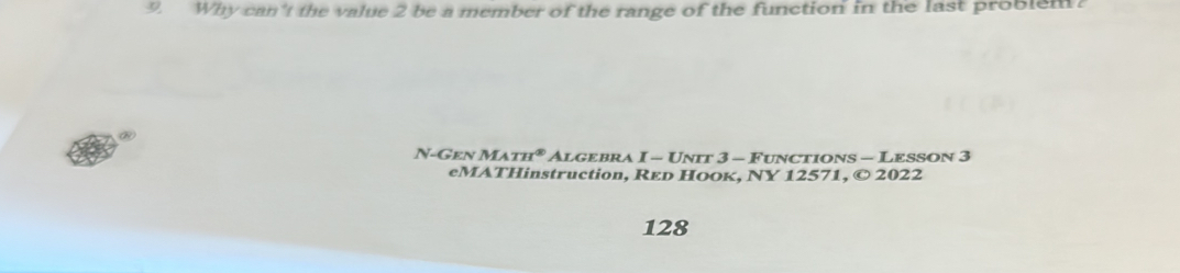 Why can't the value 2 be a member of the range of the function in the last problsm? 
N-Gen Math® Algebra I - Unit 3 - Functions - Lesson 3 
eMATHinstruction, Red Hoοк, NY 12571, © 2022 
128