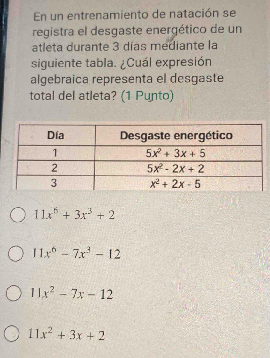 En un entrenamiento de natación se
registra el desgaste energético de un
atleta durante 3 días mediante la
siguiente tabla. ¿Cuál expresión
algebraica representa el desgaste
total del atleta? (1 Punto)
11x^6+3x^3+2
11x^6-7x^3-12
11x^2-7x-12
11x^2+3x+2