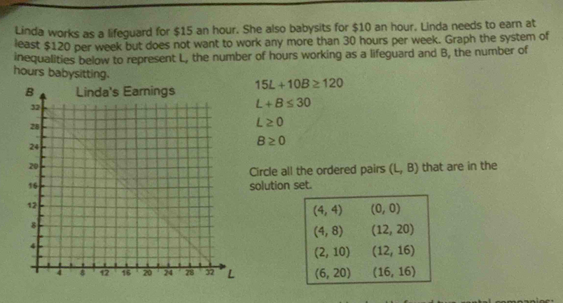 Linda works as a lifeguard for $15 an hour. She also babysits for $10 an hour. Linda needs to earn at 
least $120 per week but does not want to work any more than 30 hours per week. Graph the system of 
inequalities below to represent L, the number of hours working as a lifeguard and B, the number of
hours babysitting. 15L+10B≥ 120
L+B≤ 30
L≥ 0
B≥ 0
that are in the 
Circle all the ordered pairs (L,B)
solution set.
(4,4) (0,0)
(4,8) (12,20)
(2,10) (12,16)
(6,20) (16,16)