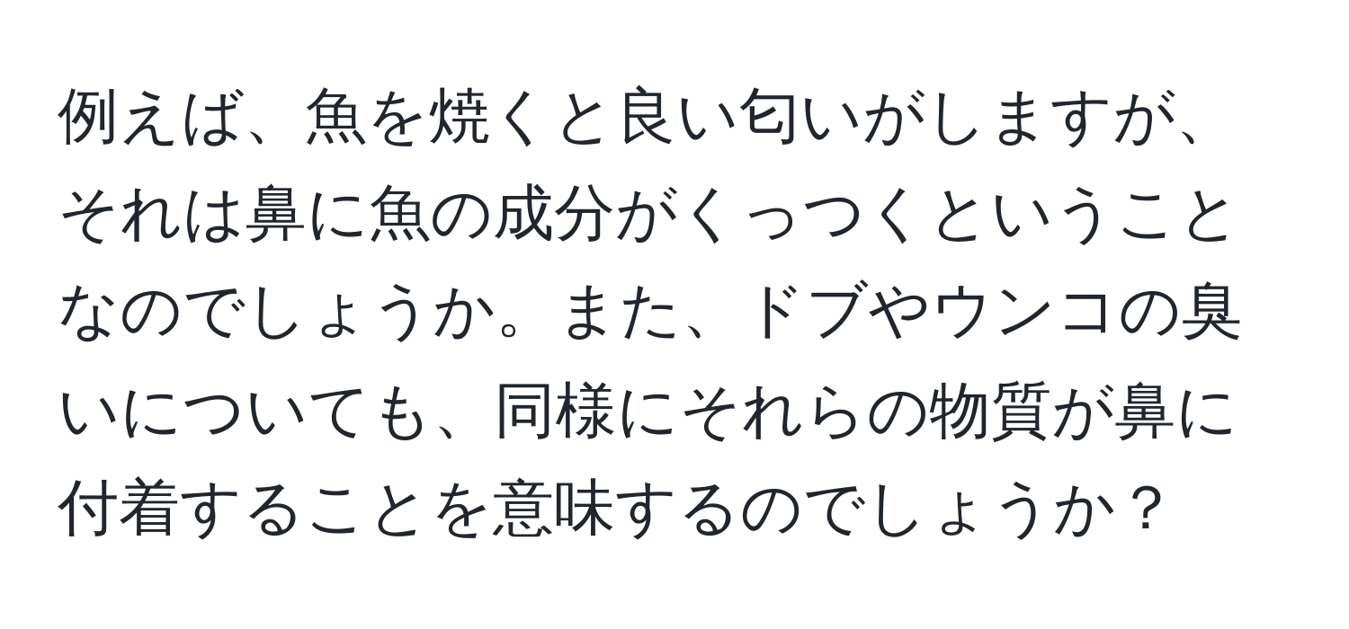 例えば、魚を焼くと良い匂いがしますが、それは鼻に魚の成分がくっつくということなのでしょうか。また、ドブやウンコの臭いについても、同様にそれらの物質が鼻に付着することを意味するのでしょうか？