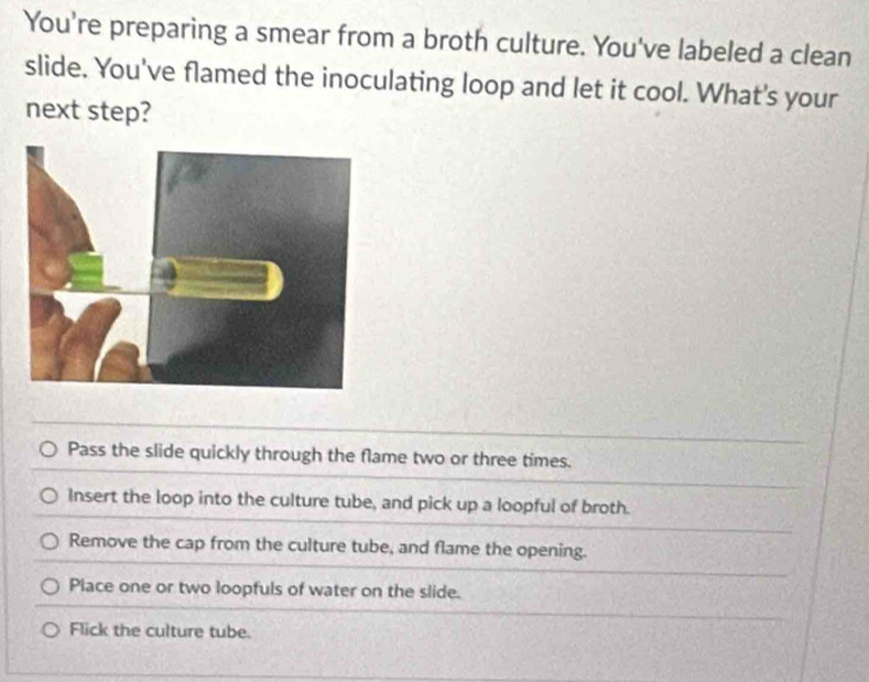 You're preparing a smear from a broth culture. You've labeled a clean
slide. You've flamed the inoculating loop and let it cool. What's your
next step?
Pass the slide quickly through the flame two or three times.
Insert the loop into the culture tube, and pick up a loopful of broth.
Remove the cap from the culture tube, and flame the opening.
Place one or two loopfuls of water on the slide.
Flick the culture tube.