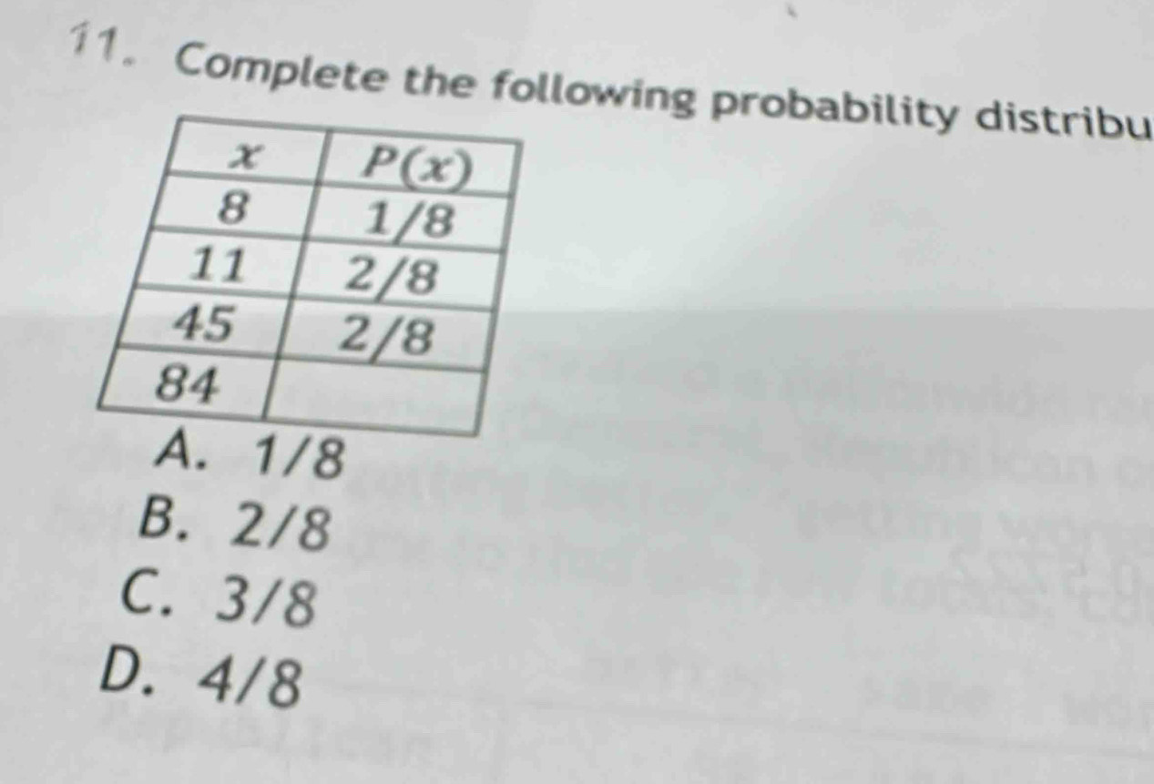 Complete the following probability distribu
1/8
B. 2/8
C. 3/8
D. 4/8